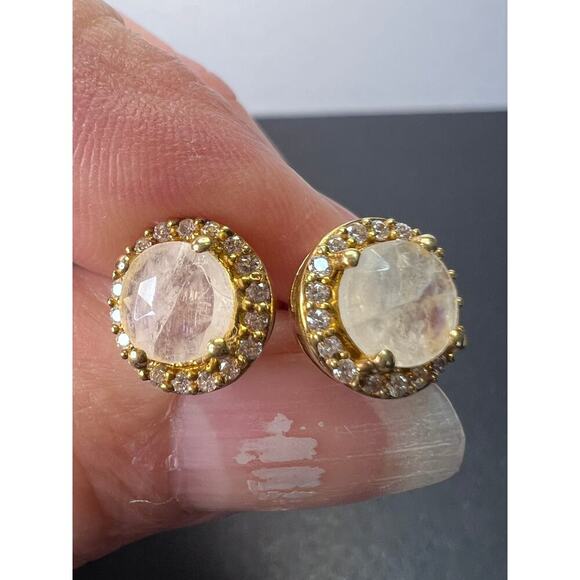 Rainbow moonstone halo stud gold over silver earrings - Picture 9 of 11